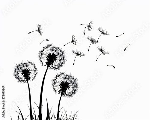 Dandelion flowers flying in the wind, vector illustration on a white background, simple design with simple lines in a flat style, vector art in the style of a simple clip art, using simple shapes with