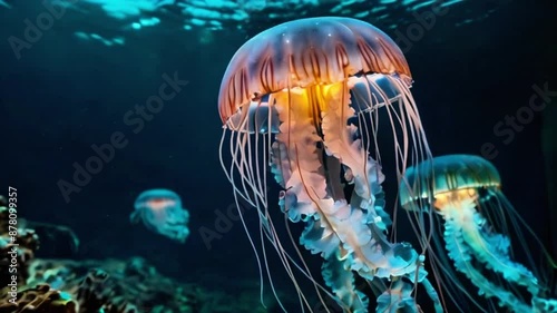jellyfish swimming in deep sea in a dark underwater world