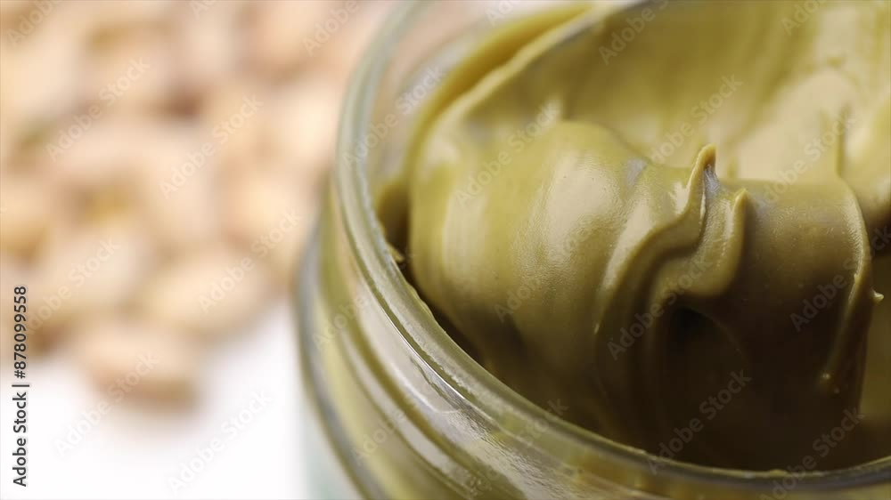 Pistachio cream drips from a spoon. Glass jar with pistachio paste, close-up on the background of pistachio nuts