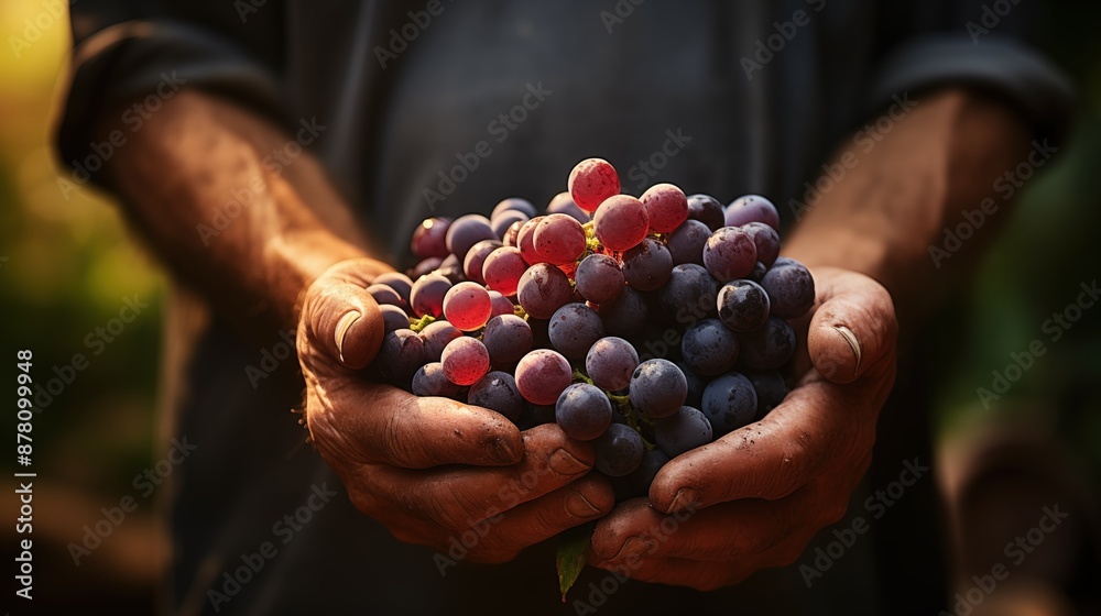 Bunch of ripe, purple grapes in hands. The background is blurred, focusing attention on the grapes and the hands, which appear weathered, suggesting the person might be a farmer or vineyard worker. Bunch of ripe, purple grapes in hands. The background is blurred, focusing attention on the grapes and the hands, which appear weathered, suggesting the person might be a farmer or vineyard worker.