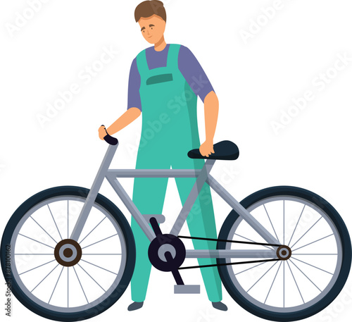 Bicycle mechanic is holding a bike while standing and waiting for a customer to pick it up