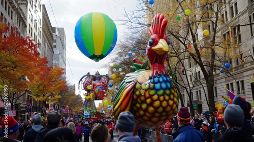 A parade with a giant chicken float and a hot air balloon