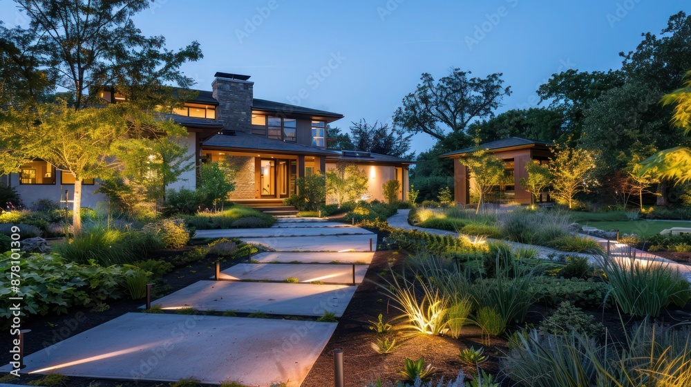 Fototapeta premium Suburban ranch with a sophisticated outdoor lighting system that highlights the architectural features and garden paths