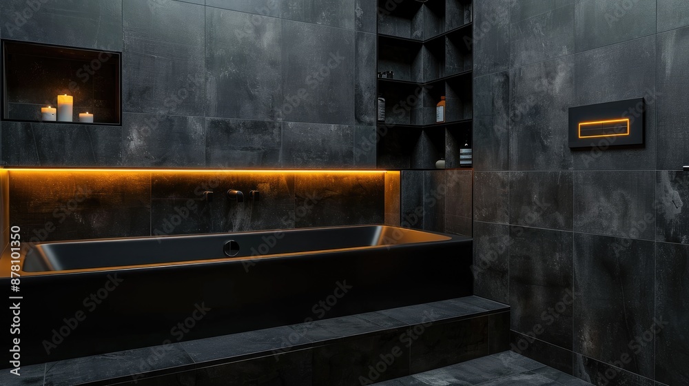 A minimalist bathroom with black matte tiles, a black tub with built-in shelving, and a hidden LED strip