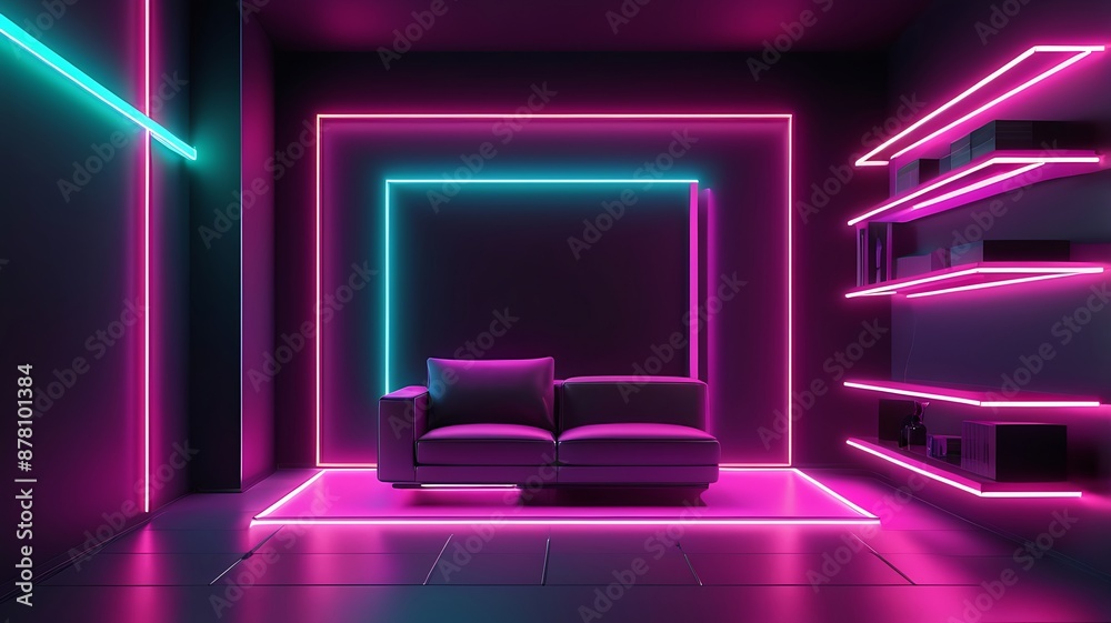 A living room with a white couch and a white chair. The couch is surrounded by pillows and a coffee table. A potted plant is on the table. The room has a neon pink and purple lighting effect, 3d A living room with a white couch and a white chair. The couch is surrounded by pillows and a coffee table. A potted plant is on the table. The room has a neon pink and purple lighting effect, 3d