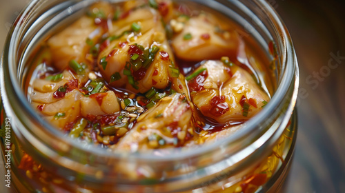 A close shot of a jar of high-quality canned fish, where pieces of juicy fish are drowning in spicy chili oil. This image captures the culinary excitement and appetizing elegance of the product.