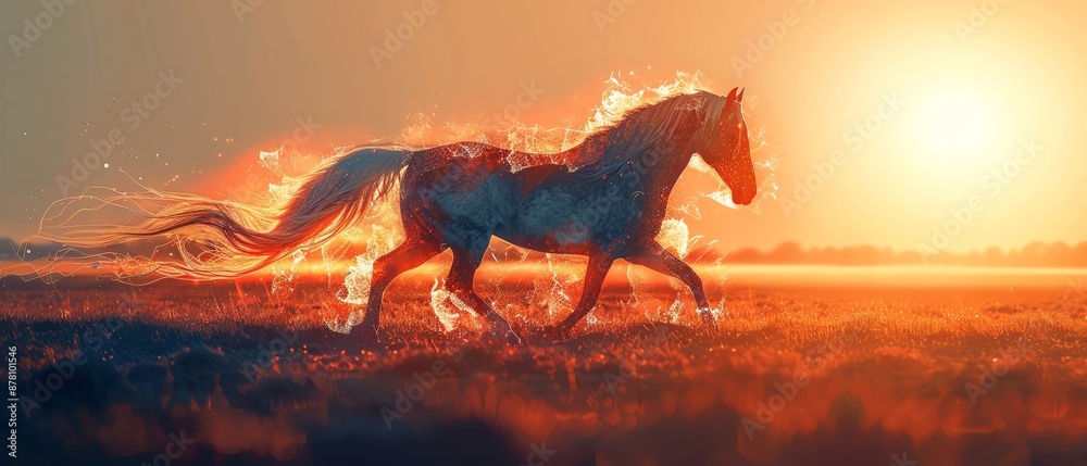 A fiery horse gallops through a golden field at sunset.