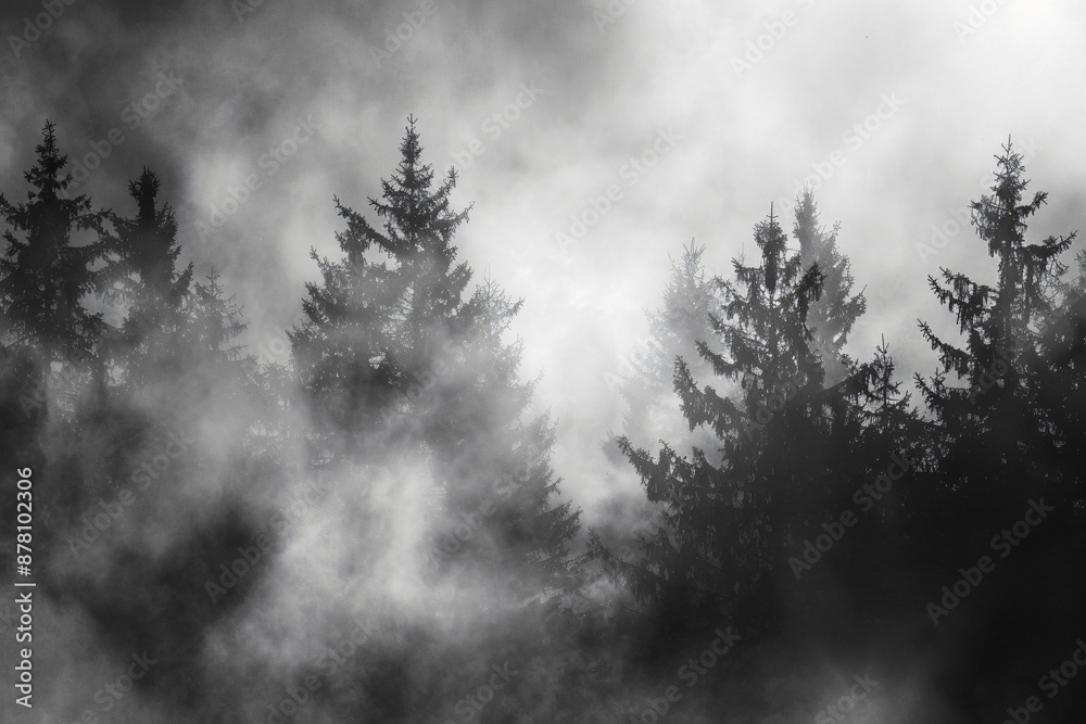 Black and white photo of trees in misty forest, nature background. Black background with nature landscape. Abstract nature wallpaper Black and white photo of trees in misty forest, nature background. Black background with nature landscape. Abstract nature wallpaper