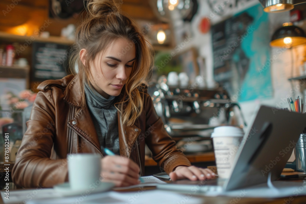 A young woman in a brown leather jacket is focused on her work at a cafe table, a laptop and a cup of coffee beside her. A young woman in a brown leather jacket is focused on her work at a cafe table, a laptop and a cup of coffee beside her.