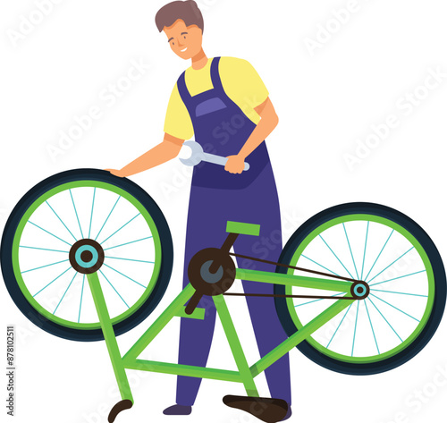 Bicycle mechanic wearing blue overalls holding wrench repairing green bike