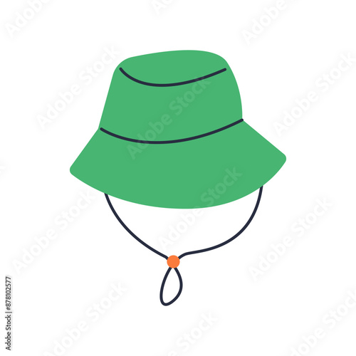 Hand drawn cute cartoon illustration of camping hat. Flat vector outdoor tourist cap sticker in colored doodle style. Tourism protection headdress from sun icon or print. Adventure, hiking. Isolated.