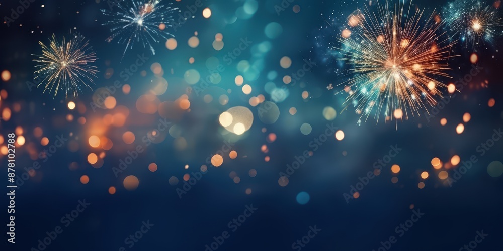 Obraz premium Sparkling Fireworks Display in the Night Sky,Happy New Year, Beautiful creative holiday background with fireworks and Sparkling