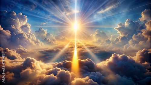 Radiant divine light emanates from heaven as clouds part to reveal a shimmering pathway for the ascended Christ's glorious return.