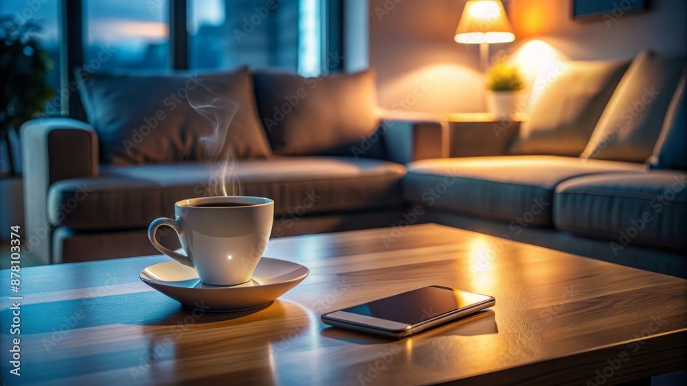 A modern living room with a coffee cup on a table, surrounded by darkness, illuminated only by a phone's screen glow. A modern living room with a coffee cup on a table, surrounded by darkness, illuminated only by a phone's screen glow.