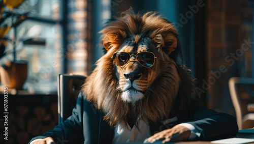 A lion wearing a black suit and sunglasses is seated at a desk in an office setting with a blurred background featuring large windows and various objects.