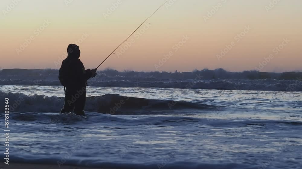 Un pêcheur, les jambes dans l'eau, remonte sa ligne au bord de l'océan atlantique, en fin de soirée, pendant l'heure bleue Un pêcheur, les jambes dans l'eau, remonte sa ligne au bord de l'océan atlantique, en fin de soirée, pendant l'heure bleue