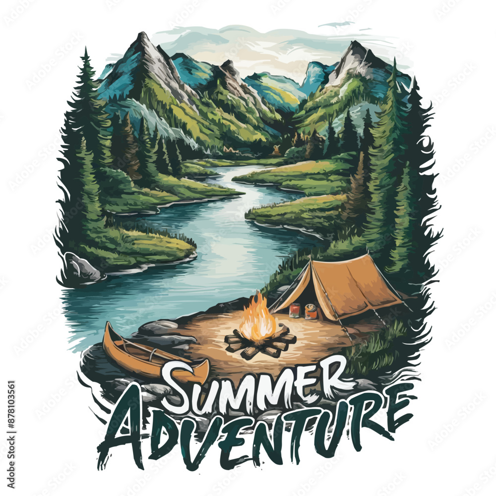 Fototapeta premium Mountain river tent campfire canoe summer adventure t shirt design