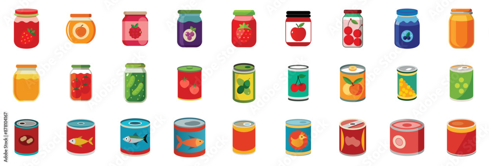 Canned and jarred food icons - fruit jam glass jar, vegetables, meat, marmalade. Pantry vector cartoon illustration set. Canned and jarred food icons - fruit jam glass jar, vegetables, meat, marmalade. Pantry vector cartoon illustration set.