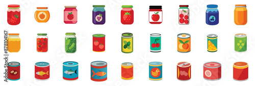 Canned and jarred food icons - fruit jam glass jar, vegetables, meat, marmalade. Pantry vector cartoon illustration set.