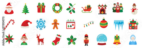 Christmas holiday flat icons - Santa Claus, xmas tree, star, candy cane, nutcracker, mistletoe, reindeer, sleigh with gifts. Vector cartoon illustration.