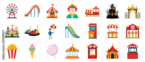 Amusement park flat icons of various rides, attractions, and food stands - ferris wheel, roller coaster, bumper cars, carousel, clown, haunted house. Vector cartoon illustration set.