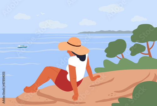 The girl looks at the sea and the yacht, enjoying the summer seascape. Female character wearing a hat spends time alone. Relaxed person sitting on the shore, vector flat illustration.