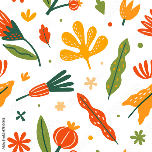 Seamless floral pattern on a light background. Decorative leaves, fantastic flowers and buds. Botanical decorative tracery. Vector illustration in flat style.