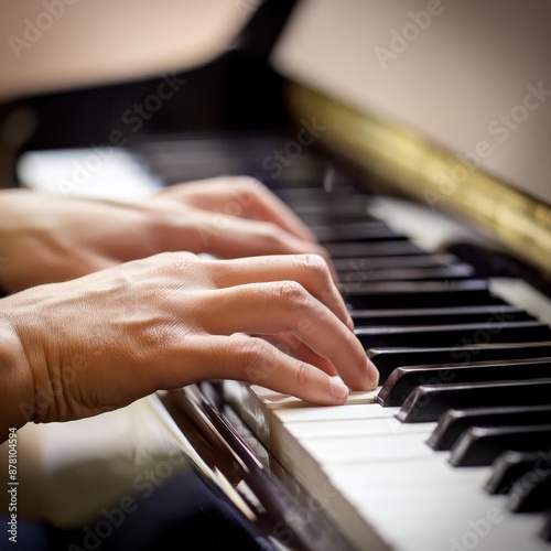 Piano Player - Playing the Piano during Concert or Christmas - Romantic Playing of the Piano - Black Grand Piano during a Performance - Classical Instrument in a Orchestra - Closeup of the Player Hand photo