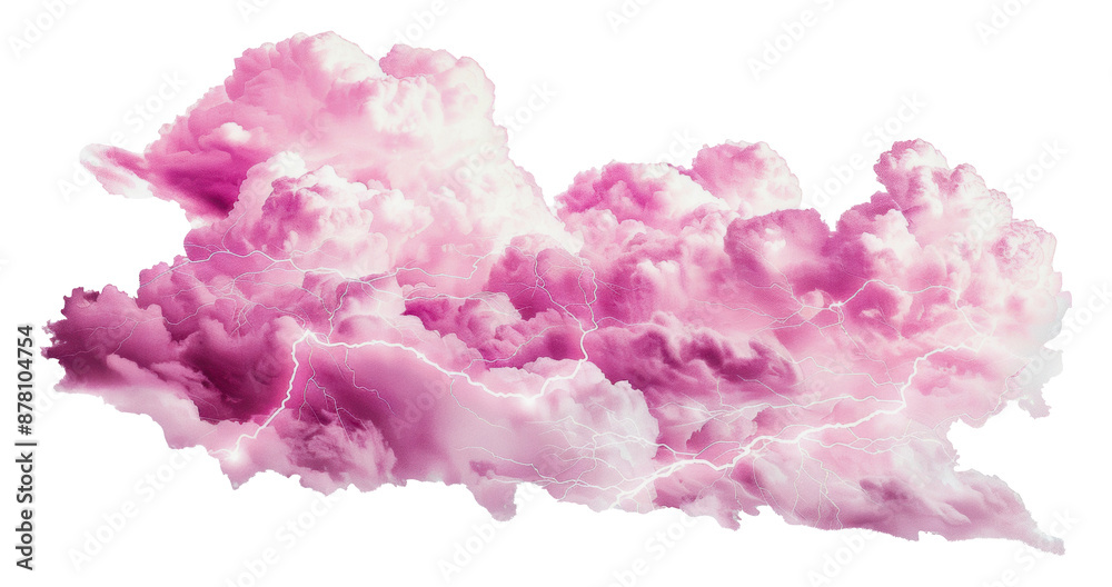Fototapeta premium Pink storm clouds with lightning bolts, cut out - stock png.