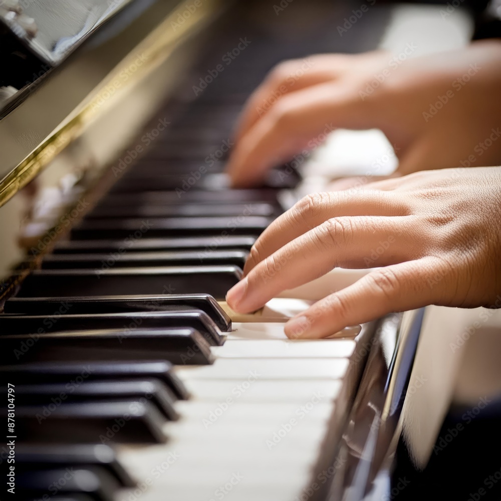 Fototapeta premium Piano Player - Playing the Piano during Concert or Christmas - Romantic Playing of the Piano - Black Grand Piano during a Performance - Classical Instrument in a Orchestra - Closeup of the Player Hand
