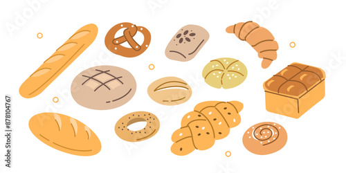 Various bakery and pastry set. Collections of bread, buns, croissant and other types of bakery products. Vector illustration.