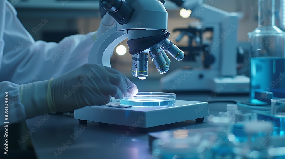 scientist's hands working with petri dish under microscope in high-tech laboratory scientist's hands working with petri dish under microscope in high-tech laboratory