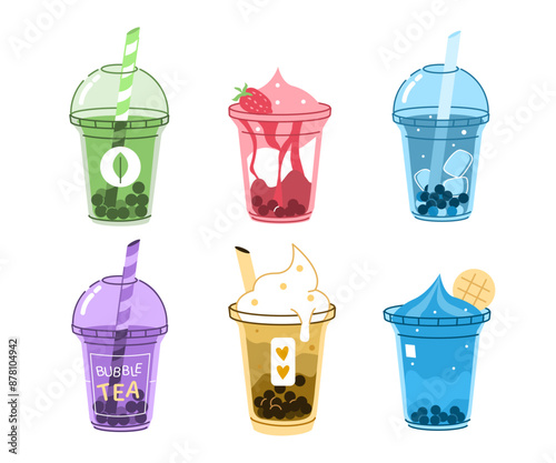 Various cold drinks set. Collections of bubble tea, milkshake smoothie, ice cream, coffee and other types of take away beverages. Vector illustration.