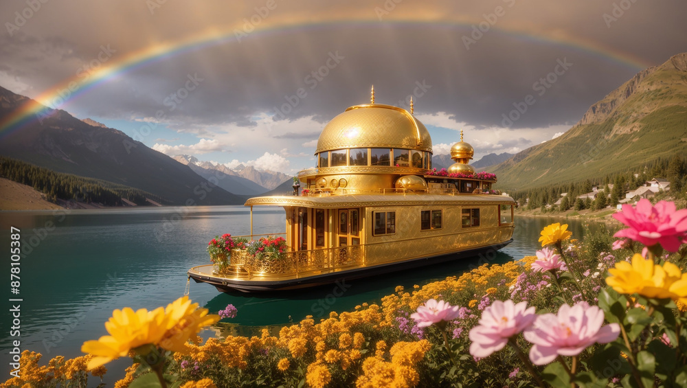 Obraz premium A large golden boat is floating on a lake with a rainbow in the sky, surrounded by flowers. There are mountains in the background.