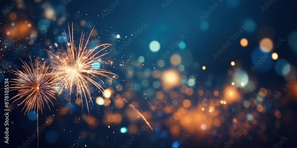 Fototapeta premium Festive Fireworks Display with Blurry Lights,Happy New Year, Beautiful creative holiday background with fireworks and Sparkling