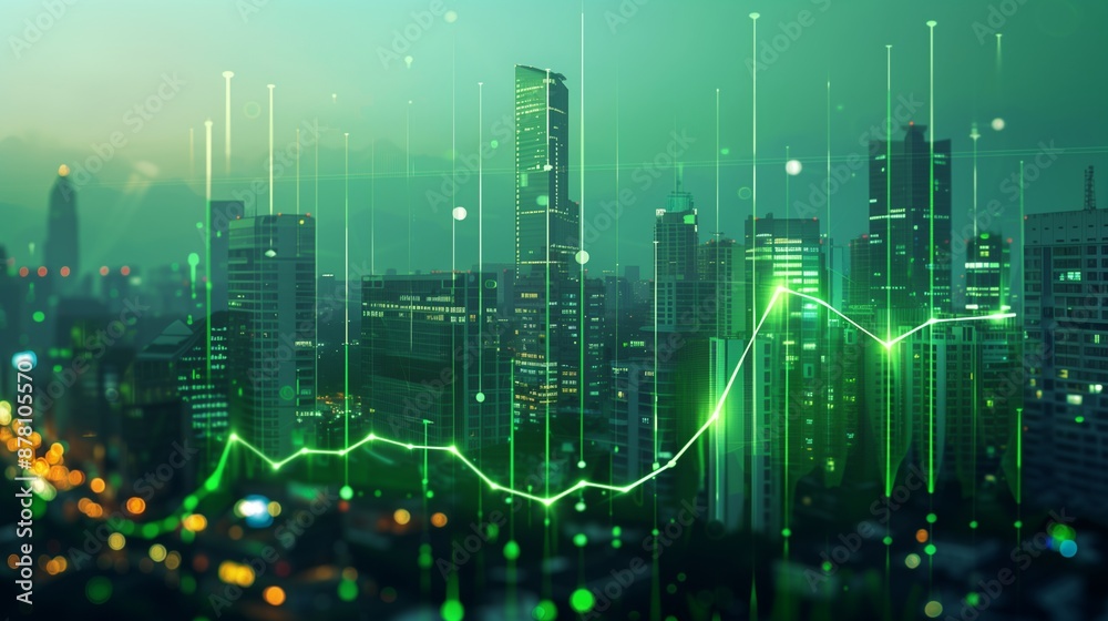 Fototapeta premium A bustling cityscape with skyscrapers, highlighting urban development and financial growth. Perfect for illustrating market trends, stock investments, and city analytics.