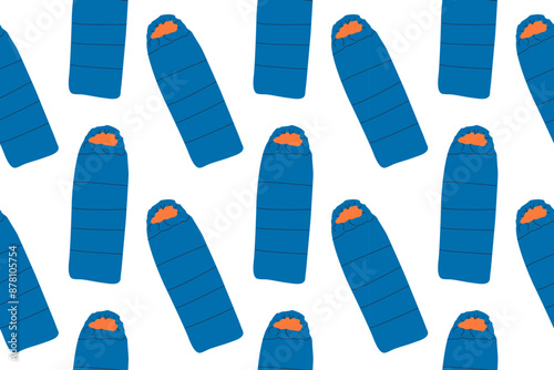 Sleeping Bag blue on white trendy repeating colorful pattern vector illustration for print , travel hiking and camping sleeping blue bag .