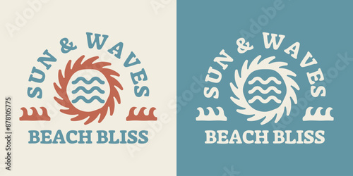 Vintage-style image of the sun and waves. Beach-themed designs are suitable for printable products.