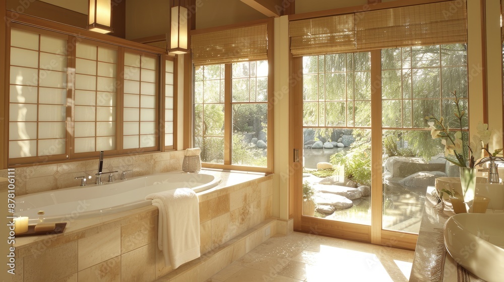 Fototapeta premium A serene bathroom with a Japanese soaking tub and sliding shoji screens for privacy