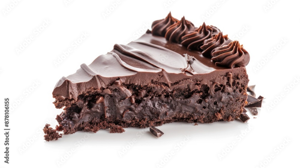 Chocolate Cake Slice with Creamy Curl on White Background. Delicious Dessert Piece Chocolate Cake Slice with Creamy Curl on White Background. Delicious Dessert Piece