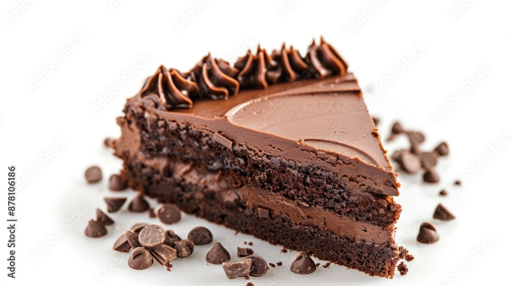 Chocolate Cake Slice with Curl on White Background. Delicious Dessert Piece with Cream Chocolate Cake Slice with Curl on White Background. Delicious Dessert Piece with Cream