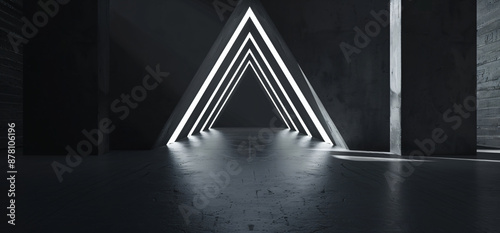A white triangle with black stripes on it in the center of an empty dark room. Black background. Minimalist style. Aesthetics and minimalism. In front view.