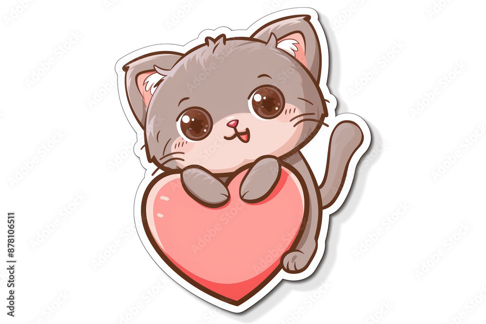 Funny cute kitten with big eyes and heart, created in cartoon style, on white isolated background. Funny cute kitten with big eyes and heart, created in cartoon style, on white isolated background.