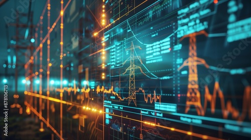 Detailed electricity grid diagrams showcasing cost analytics with vibrant graphics and charts, highlighting energy consumption, efficiency, and financial metrics.