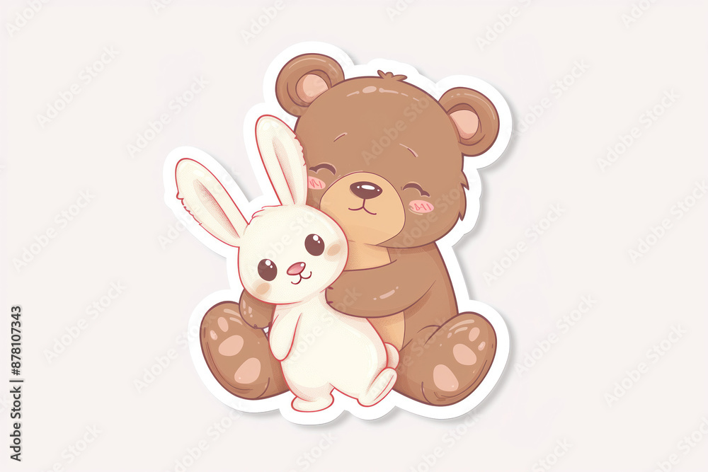 Friendly cartoon bear and bunny hugging. Friendly cartoon bear and bunny hugging.