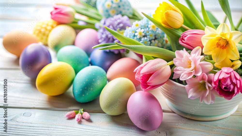 Fototapeta premium Vibrant pastel-hued eggs and fresh spring blooms against a crisp white backdrop evoke a joyful and tranquil Easter atmosphere.