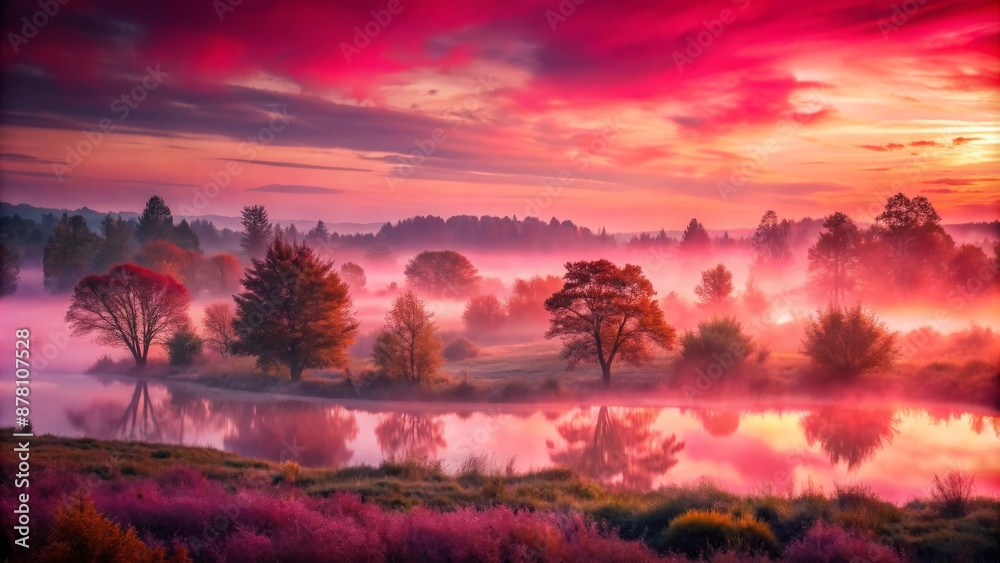 Fototapeta premium Soft focus pink red haze envelops serene landscape at dusk, evoking profound affection and magic of timeless love, symbolizing eternal romance.
