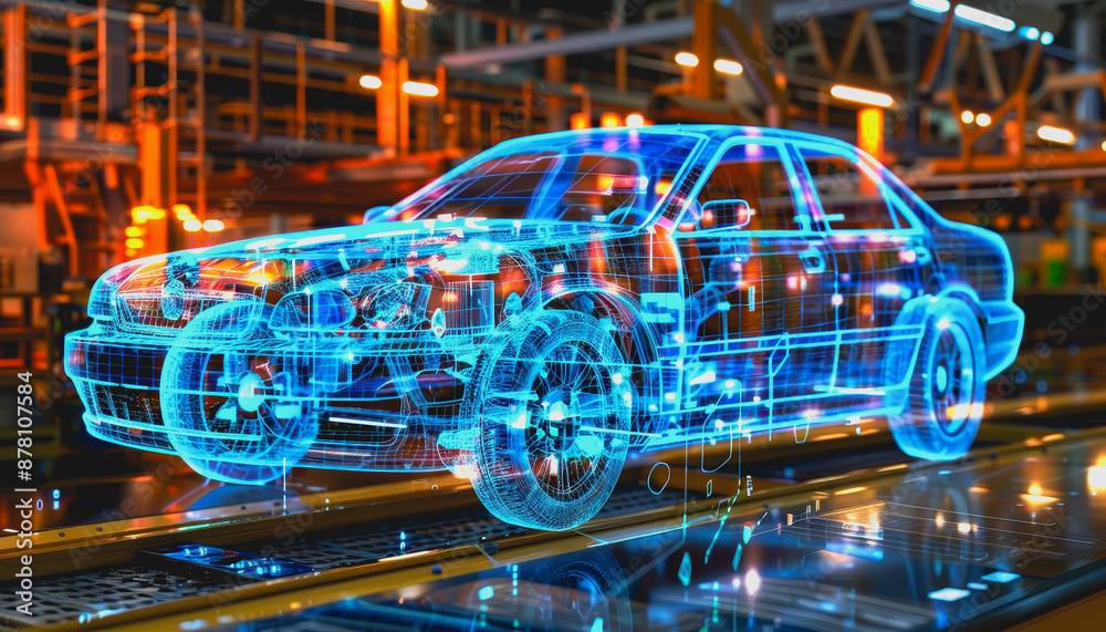 Obraz premium Futuristic car in high-tech lab with holographic displays