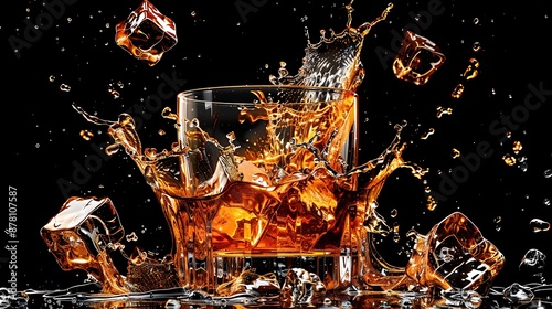 Whiskey glass splash with ice cubes on black background