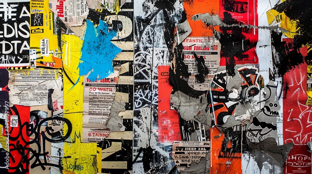 Fototapeta premium Textured collage wall with torn posters and street art graffiti